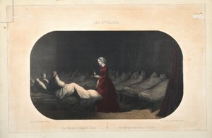 Miss Nightingale in het ziekenhuis in Scutari, uitgegeven door Jacomme et Dufat, Parijs, 1856 door French School