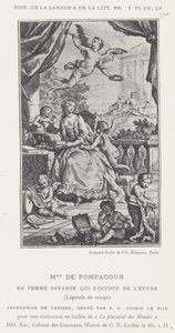 Mme De Pompadour, als geleerde vrouw die zich bezighoudt met studie, legende van de tijd (litho)