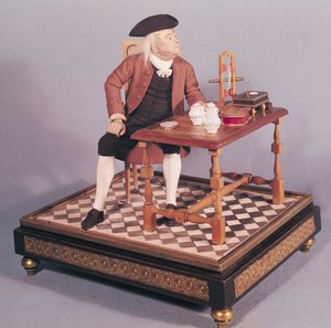 Model van Benjamin Franklin (1706-90) aan zijn tafel, eind 18e eeuw