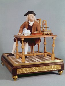 Model van Benjamin Franklin (1706-90) aan zijn tafel, eind 18e eeuw