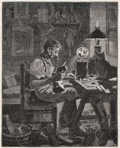 Moderne toepassing door een schoenmaker van de Pila Vitrea. Glazen bol gevuld met water om tussen een persoon en het object dat ze bekijken te plaatsen om het te vergroten en beter zichtbaar te maken. Gravure uit 1885 in 