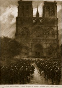Moderne soldaten: Franse infanterie met verlof langs de Notre Dame, Parijs door French School