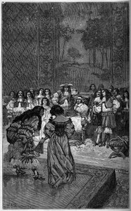 Molière en zijn gezelschap spelen voor koning Lodewijk XIV en kardinaal Jules Mazarin (1602-1661). Gravure in 