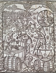 Maand van de oogst, met de sterrenbeelden Maagd en Weegschaal, gravure uit Le grand calendrier des bergers door French School