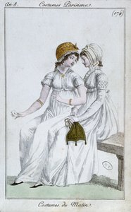Ochtendjurk, modeplaat uit Costumes Parisiens, 1800