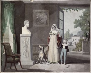 Moeder en zoon huilen voor de buste van een overleden soldaat, begin 19e eeuw door French School
