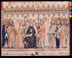 Ms.1469 f.1 De wijding van Philippe III le Hardi (1245-85) Koning van Frankrijk, uit de Grandes Chroniques de France, 1375-79 door French School