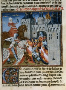Sir Lancelot verovert Dolorous Garde met de hulp van een nieuw schild gegeven door de Dame van het Meer, uit het Livre de Messire Lancelot du Lac