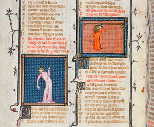 Ms 1126 De Zelfmoord van Dido met het zwaard en de zelfmoord van Phyllis door ophanging, uit Le Roman de la Rose door Guillaume de Loris en Jean de Meung door French School