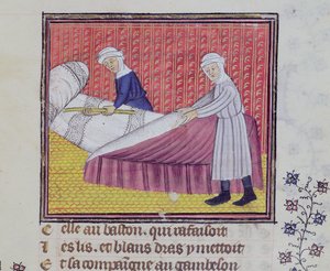Ms 1130 fol.83r Kuisheid en armoede maken een bed, uit Le Roman des Trois Pelerinages door Guillaume de Digulleville door French School