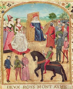 Ms 1335 f.1 Margaretha van York wordt voorgesteld aan haar toekomstige echtgenoot, Karel de Stoute op 27 juni 1468 in Damme door French School
