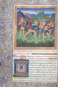 Ms. 1581 f. 071 Illustratie uit Boek IV (Van de afwijzing van die generatie tot de dood van Mozes), Hoofdstuk 1 van de Oudheden van de Joden (Antiquitates Judaicae) door Flavius Josephus - Gevecht van door French School