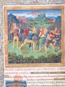 Ms. 1581 f. 071 Illustratie uit Boek IV (Van de afwijzing van die generatie tot de dood van Mozes), Hoofdstuk 1 van de Oudheden van de Joden (Antiquitates Judaicae) door Flavius Josephus - Gevecht van