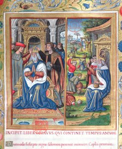 Ms. 1581 f. 154 Illustratie uit Boek VIII (Van de dood van David tot de dood van Achab), Hoofdstuk 1 van de Oudheden van de Joden (Antiquitates Judaicae) door Flavius Josephus - Hoe Salomo, toen hij