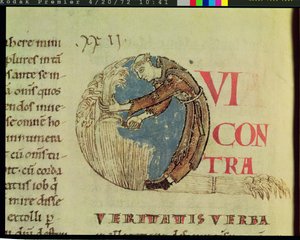 Ms 170 fol.75v Gehistorieerde initiaal Q met een cisterciënzermonnik die oogst, uit Moralia in Job door Paus Gregorius de Grote door French School