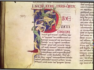 Ms 173 Geïllustreerde initiaal P met centauren, draken en monsters, uit Moralia in Job door Paus Gregorius de Grote
