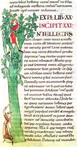 Geïllustreerde initiaal I met een monnik en een leek die een boom snoeien, uit Moralia in Job door Paus Gregorius de Grote door French School