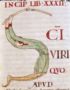 Ms 173 fol.148r Geïllustreerde initiaal S met een man die aan het dorsen is, uit Moralia in Job door Paus Gregorius de Grote door French School