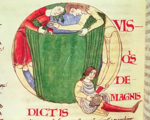 Historiated initiaal Q met wevers, uit Moralia in Job door Paus Gregorius de Grote, Bourgondische School