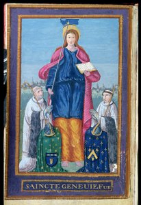 Afbeelding van St. Genevieve, uit een manuscript over het transport van haar relikwie, 1594 door French School