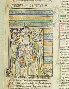 Historiated letter A die generaties in de schoot van Abraham toont, uit de Souvigny Bijbel door French School