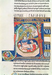 Historiated initiaal A met Daniël in de leeuwenkuil, uit de Souvigny Bijbel door French School