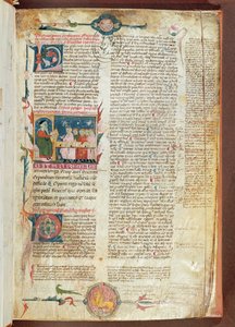 Ms. 2046 fol. 1 Instructiescène, eerste pagina van Aforismen door Hippocrates met commentaren door Galenus