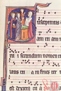 Ms 241 f.144 Geïllustreerde initiaal S met afbeelding van De Presentatie van Jezus in de Tempel, uit het Antifonarium voor de wijding van de Abdijkerk van Vauclair, 1257 door French School