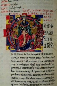 Geïllustreerde initiaal O met een figuur van Wijsheid, uit de St. Benigne Bijbel