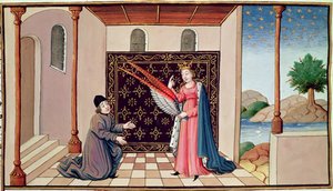 Ms 3045 fol.68v Dame Filosofie biedt Boëthius de vleugels aan die zijn geest in staat zullen stellen om omhoog te vliegen door French School