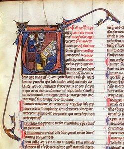 Meester van canoniek recht en zijn leerlingen, uit Apparatus in Quinque Libros Decretalium door paus Innocentius IV (gest. 1254)