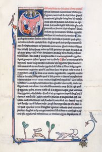Ms 3458, gehistorieerde initiaal O die de oude Griekse filosoof Aristoteles afbeeldt, die een groep geestelijken uit West-Europa onderwijst en naar God in de hemel wijst door French School