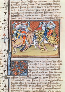 Ms 3479 t.1 fol.539 Wanneer de paarden botsen, uit het Livre de Messire Lancelot du Lac