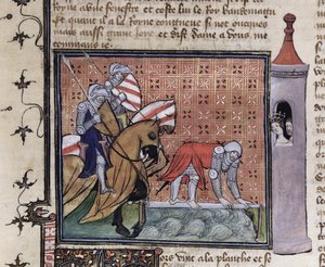 Ms 3480 fol.77 Lancelot oversteekt de Zwaardbrug, uit het Livre de Messire Lancelot du Lac