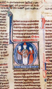 Ms 365 fol.318v Geïllustreerde initiaal D die een huwelijk uitbeeldt, uit de Decretalen van Gregorius IX