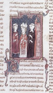 Ms 373 fol.51v Een monnik, een bisschop en een abt, uit Decreten van Gratien