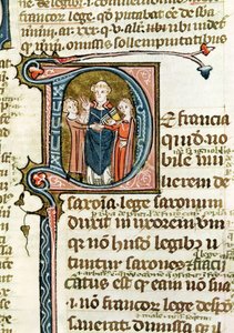 Ms 376 f.320 Geïllustreerde initiaal D die een priester toont die een huwelijk zegent, uit Les Gregoriennes door French School