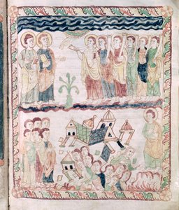 Ms 386 fol.25r Engelen met trompetten en de aarde die schudt, uit de Apocalyps van St. Johannes door French School