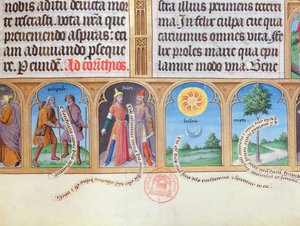 Ms 412 Getijdenboek met illustraties van pelgrims, joden, zon, maan en mirte door French School