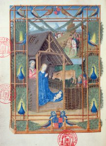 Ms 473 De geboorte met pauwen, miniatuur uit de Heures de Charles de France, ca.1466-69 door French School