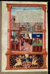 Een straat met winkels en het wapen van Robert Stuart, Marshall van d