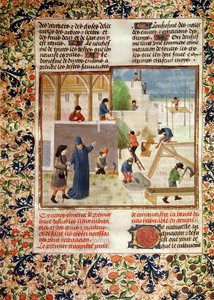 Bouw van een huis, uit Livre des Prouffitz Champestres door Pietro de Crescenzi door French School