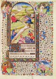 Ms 547 fol.21 Christus wordt aan het kruis genageld, uit een Getijdenboek gebruikt door een vrouw uit Poitiers door French School