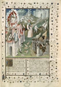 Ms 55 t.2 fol.3 De Stad van God, de Stad van Caen en de Stad van Ondeugden, uit La Cite de Dieu van St. Augustinus van Hippo (354-430) vertaald door Raoul de Preles (1316-82)