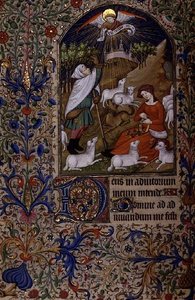 Engel verschijnt aan een herder, een vrouw maakt een krans, uit een Getijdenboek, ca. 1460