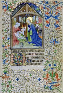 De Maagd en Jozef aanbidden de pasgeboren Christus, uit een Getijdenboek, Amiens door French School
