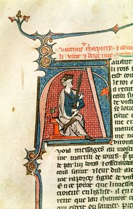 Ms 682 fol.17v Geïllustreerde initiaal A met een zittende koning die een tweesnijdend zwaard vasthoudt