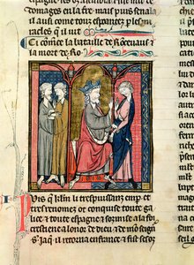 Ms 782 f.152r Karel de Grote (742-814) stuurt Ganelon naar de Saragossaanse koningen, Marsile en Baligant, uit de Chroniques de Saint-Denis, ca. 1275