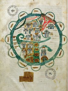 Kaart van de wereld in de vorm van een globe, miniatuur uit Grandes Chroniques de Philippe le Hardi