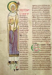 Geïllustreerde initiaal I met afbeelding van St. Richrudius, uit Recueil de Vie des Saints door French School